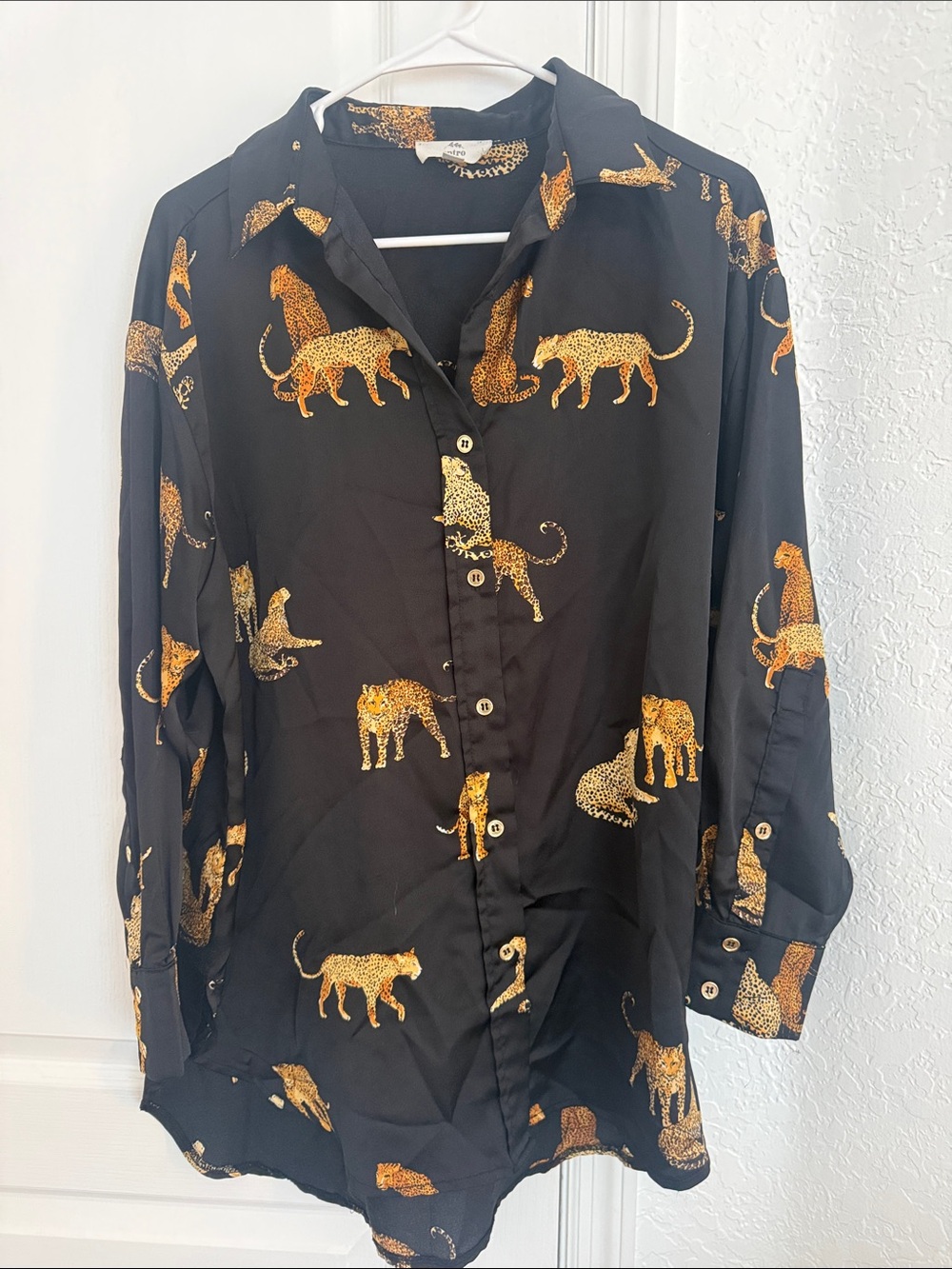 entro Black Button-Up Blouse with Gold Leopard Print